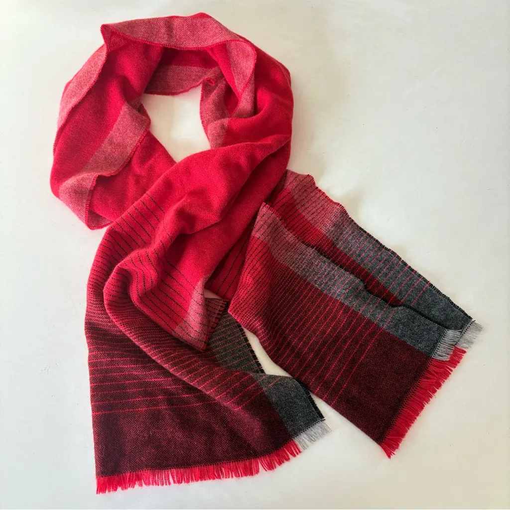 Fraas Red Gray 100% Cashmere Scarf 69”x13.5” Made In Germany - Image 3