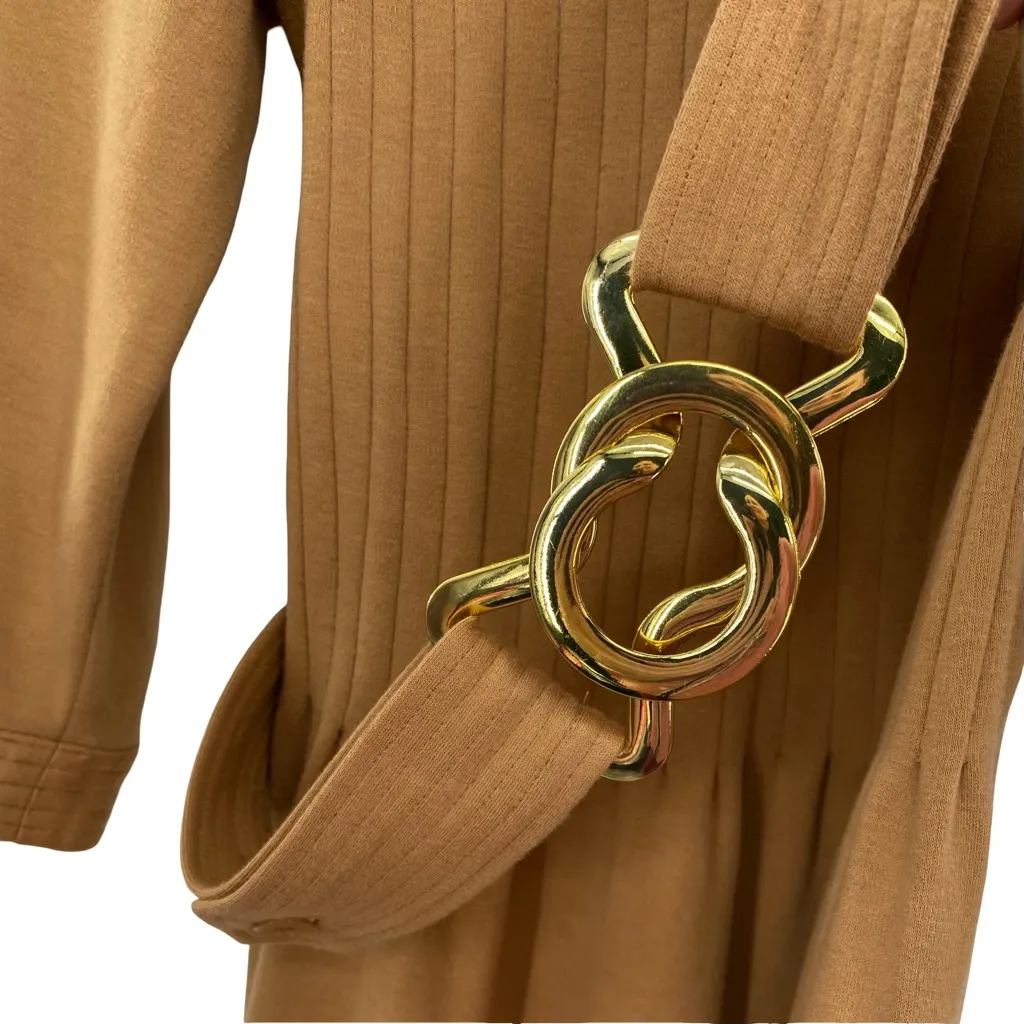 Elizabeth McKay The Pleated Belted Knit Dress Camel Brown Size 4 - Image 9
