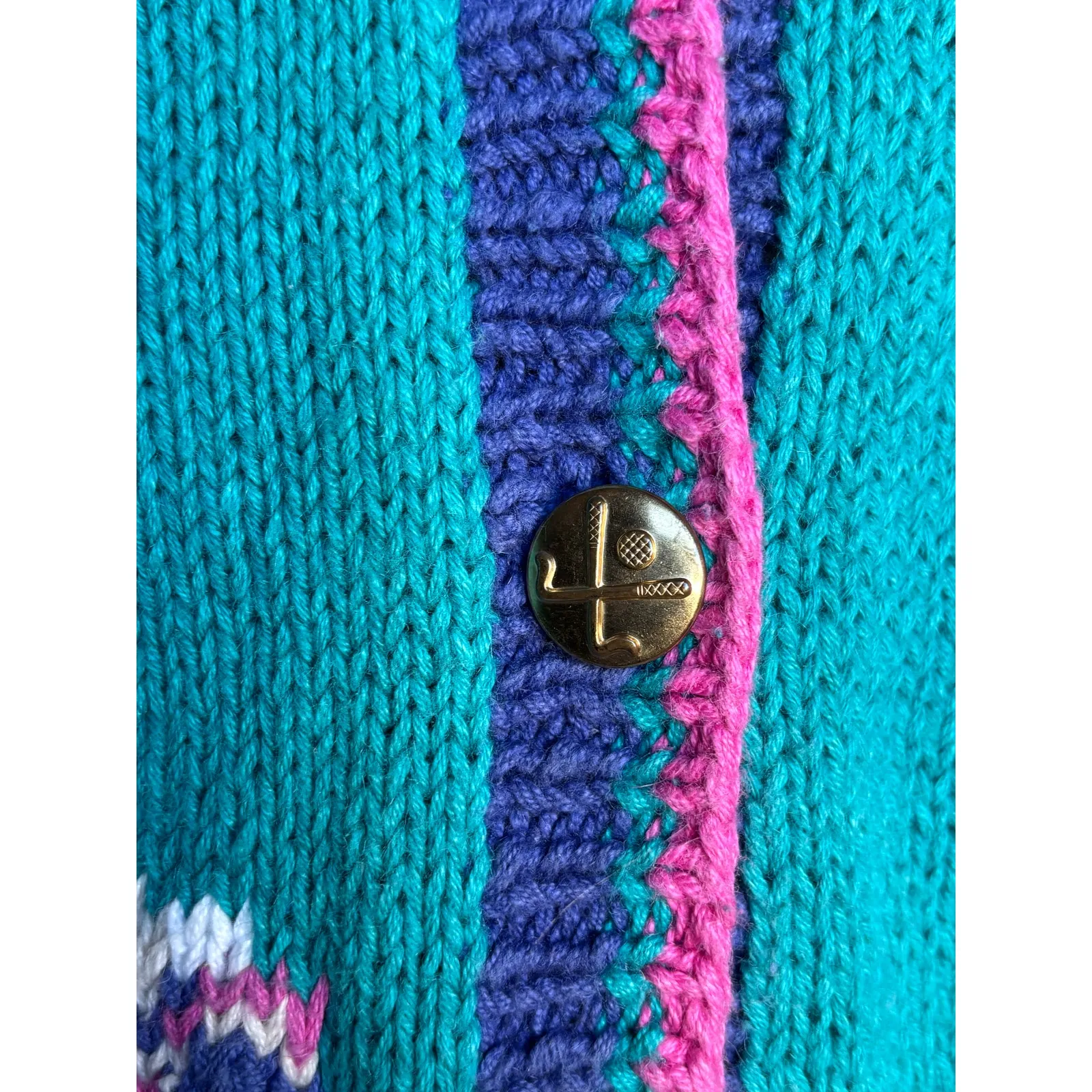 Vintage Portraits By Northern Isles Golf Cardigan Hand Knit Novelty Sweater 3X Blue - Image 7