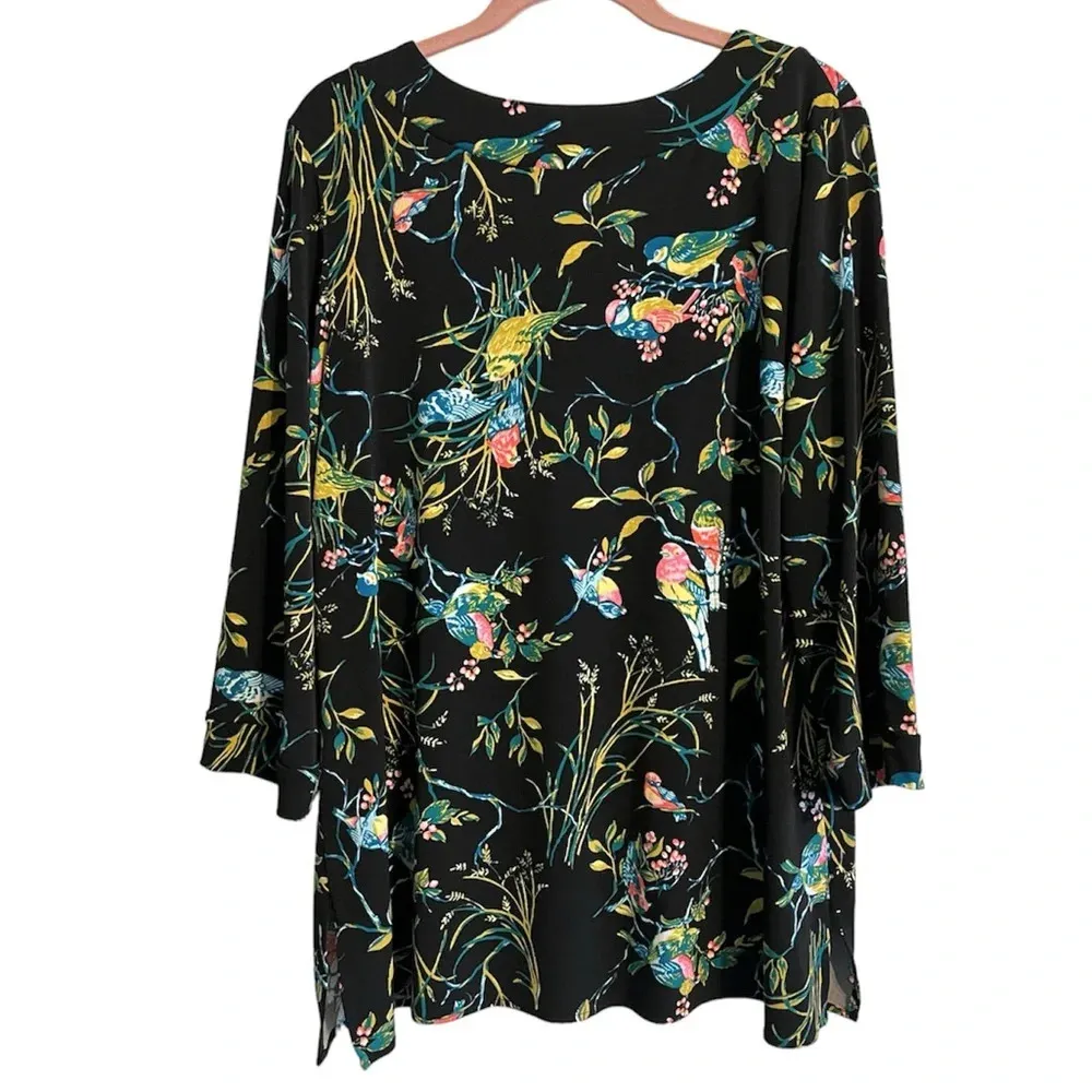 Leota Birds Floral V-neck 3/4 Sleeves Top Blouse Stretch 2X Plus Size Dia & Co - Image 2