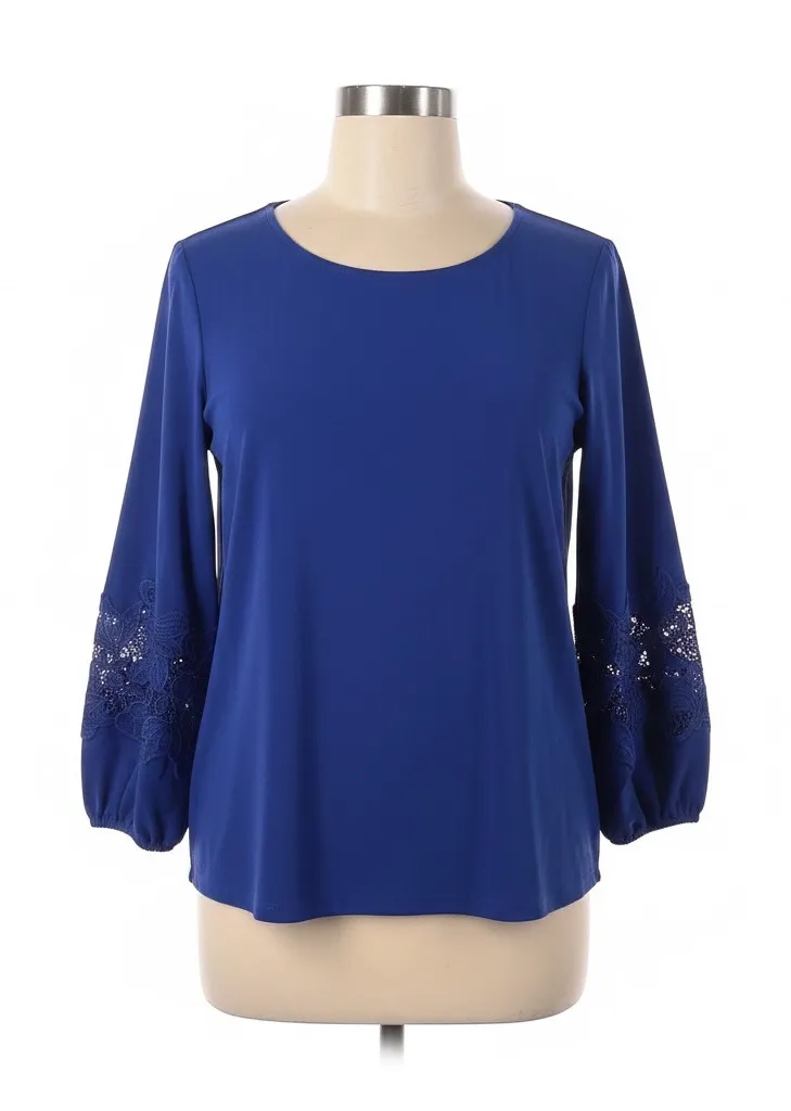Dennis by Dennis Basso Blouse Medium Cobalt Blue Lace Trim Balloon Sleeve Chic - Image 1