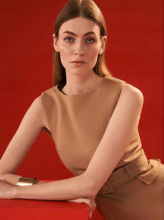 Karen‎ Millen New Compact Stretch Belted  Pencil Dress camel - Image 2