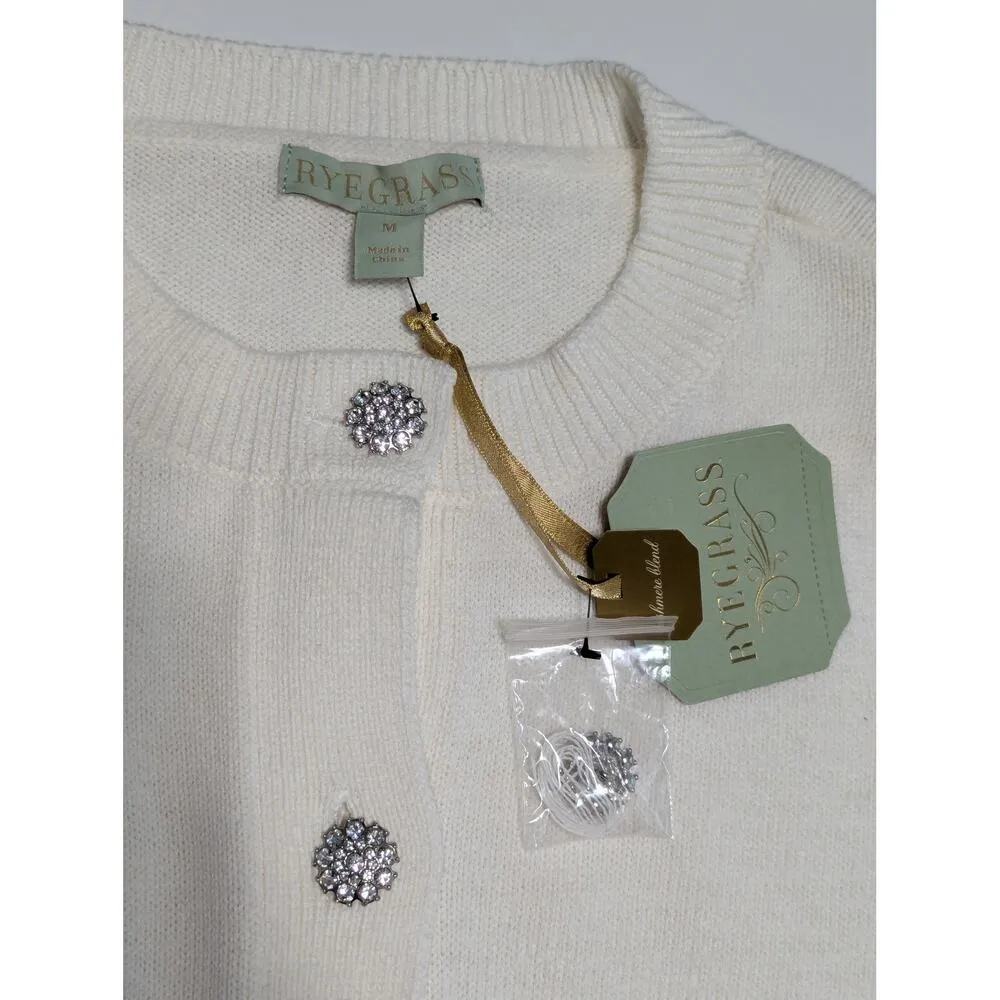 Ryegrass Cashmere Blend Cardigan Sweater Jeweled Buttons Rhinestone Cream White Size M - Image 4