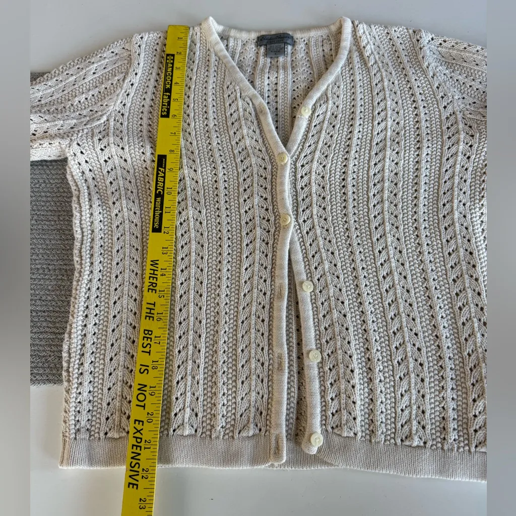 Vintage 90s Eddie Bauer Ivory Cream Crochet Cotton V Neck Cardigan Sweater Small - Image 7