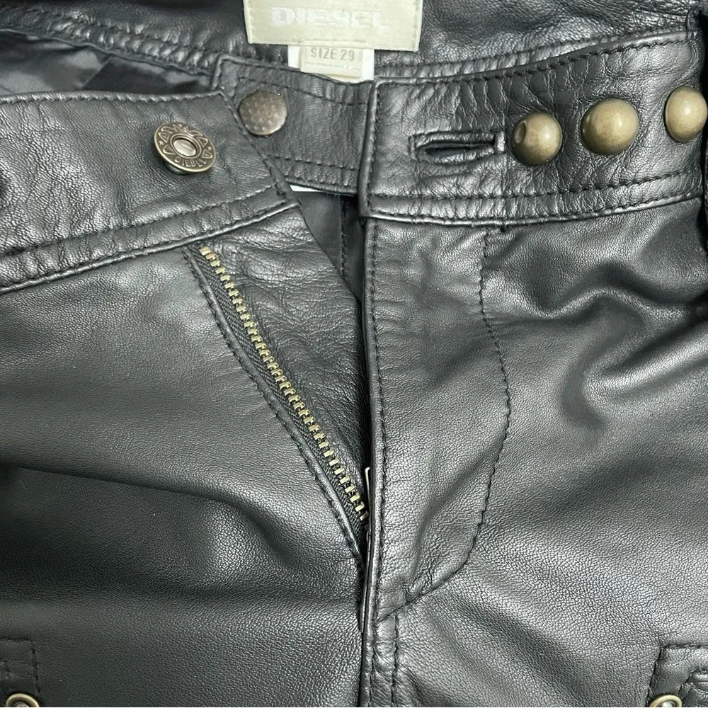 Diesel Vintage Y2K Black Leather Pants Studded Designer Biker Moto Size 29 | 8 - Image 11