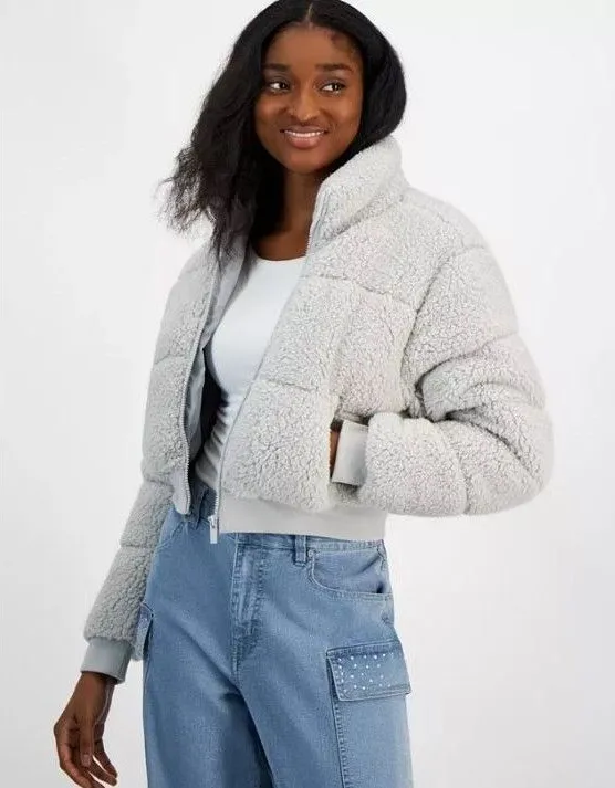 Planet Heart Juniors Cropped Sherpa Puffer Jacket Gray | Cozy Zip Front |XL - Image 1