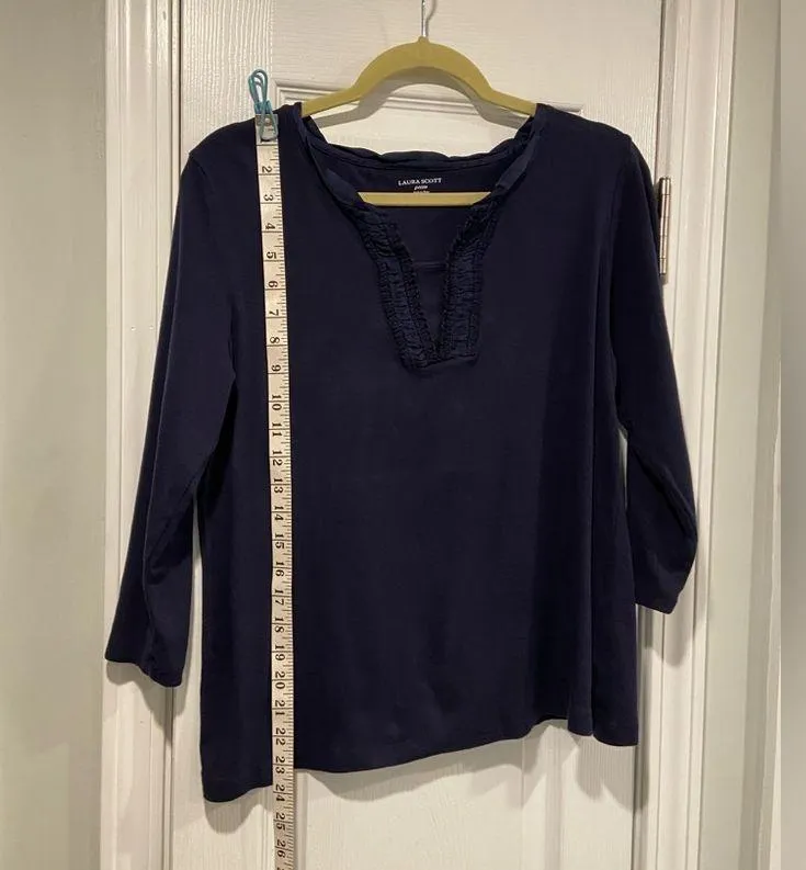 Laura Scott Size LP Navy Blue 3/4 Sleeve V Neck Top Satib Embroidered Trim - Image 10