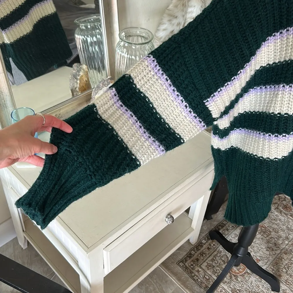 Aerie offline green cream striped chunky knit oversized comfy lounge sweater XXL - Image 3