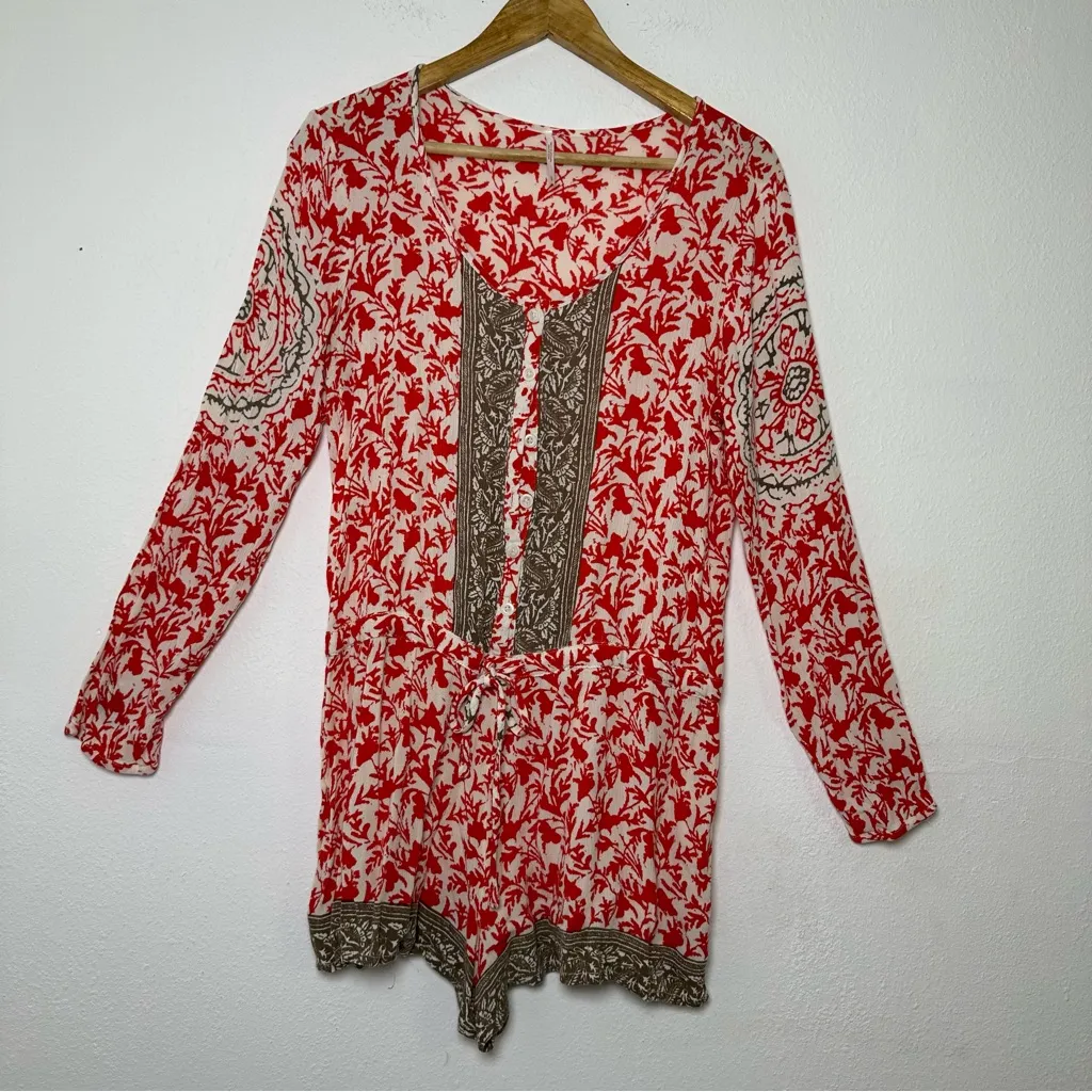 Free People Gardenia Combo Red White Floral Medallion Print Resortwear Romper - Image 3