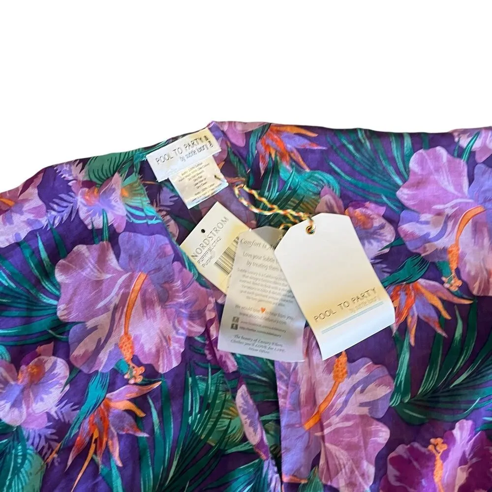 NEW Pool to Party Floral Fringe Swim COVER UP KIMONO Tropical Purple 100% Cotton Size undefined - Image 7