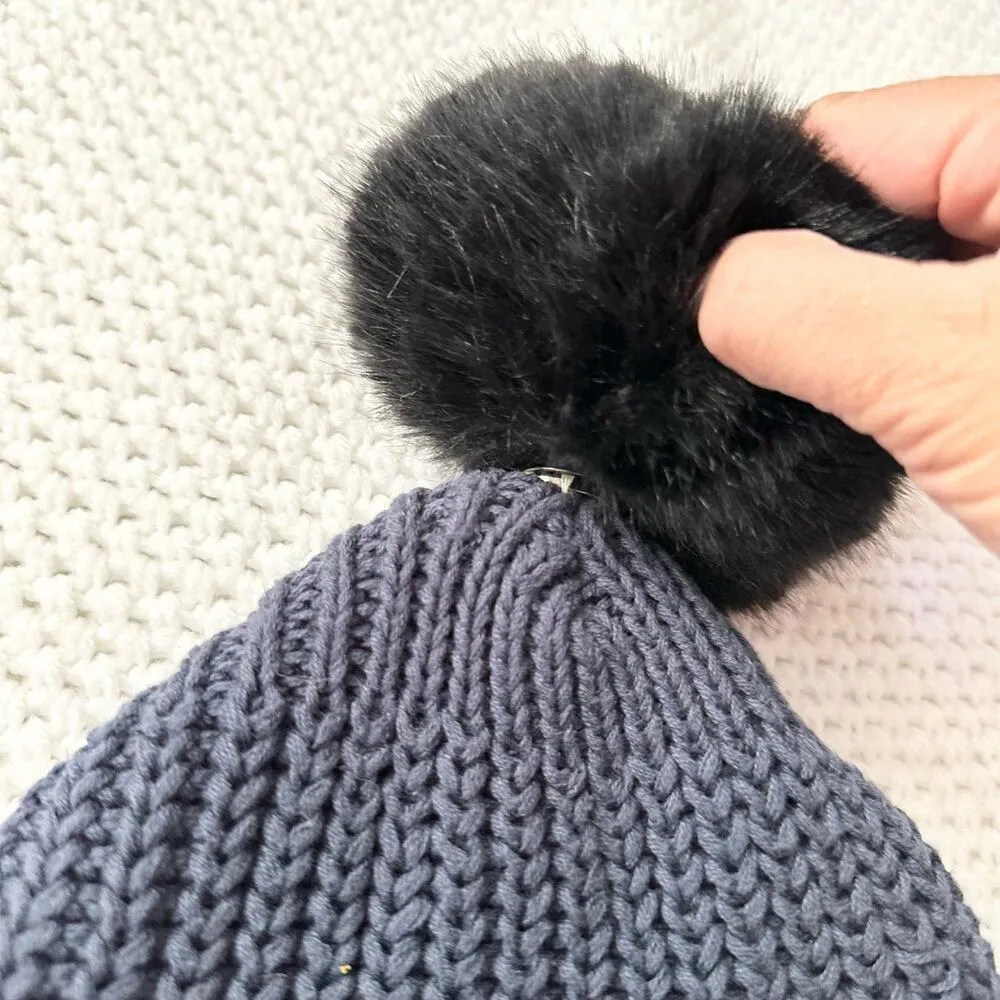 Love Your Melon Navy Blue Knit Cuffed Beanie Matching Faux Fur Pom Pom Hat - Image 5
