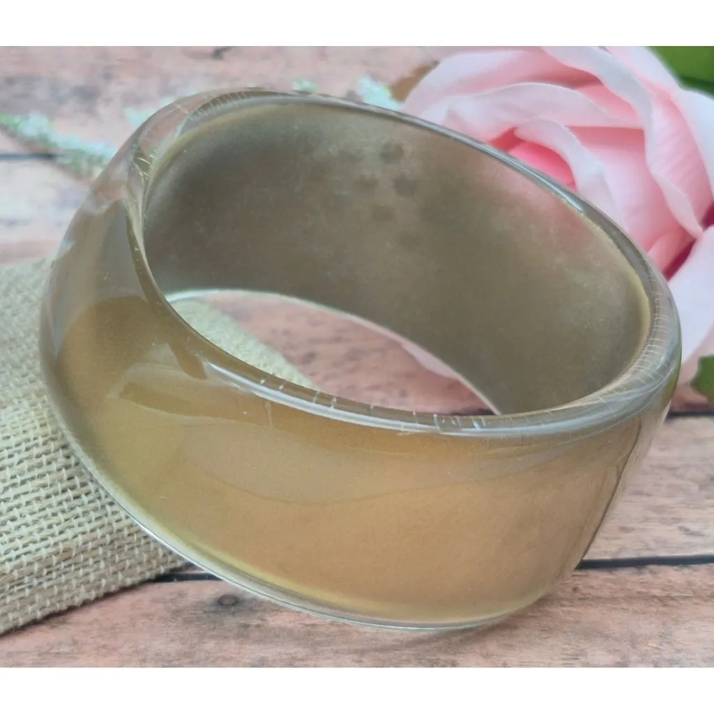Vintage Asymmetrical Gold Brown Chunky Wide Lucite Bangle Bracelet Rhinestones - Image 2