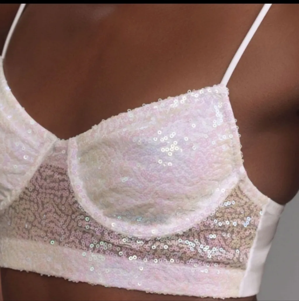 Anthropologie White Sequin Mesh Crop Top Bling Size Large Concert Festival Party - Image 3