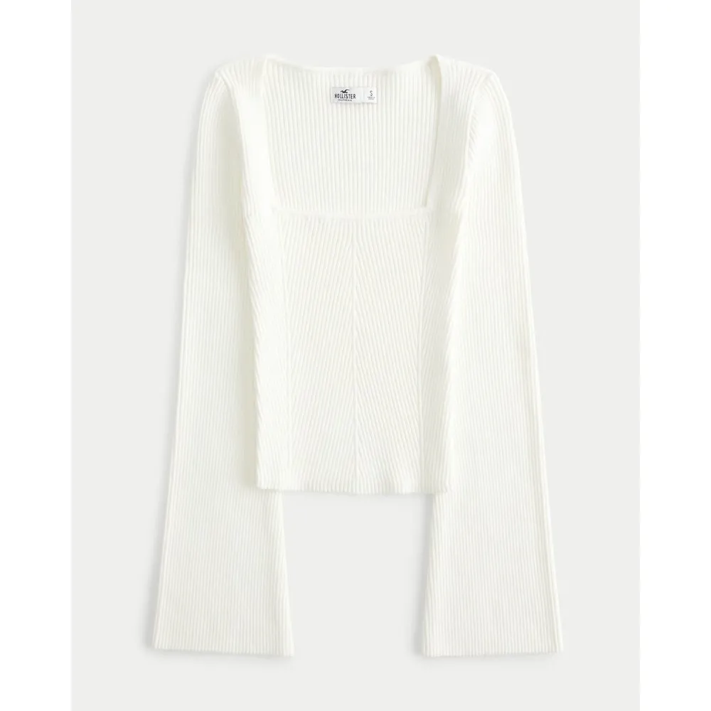 Y2K Hollister Square Neck Ribbed Top XS White Bell Sleeve Baby Tee 2000s - Image 4