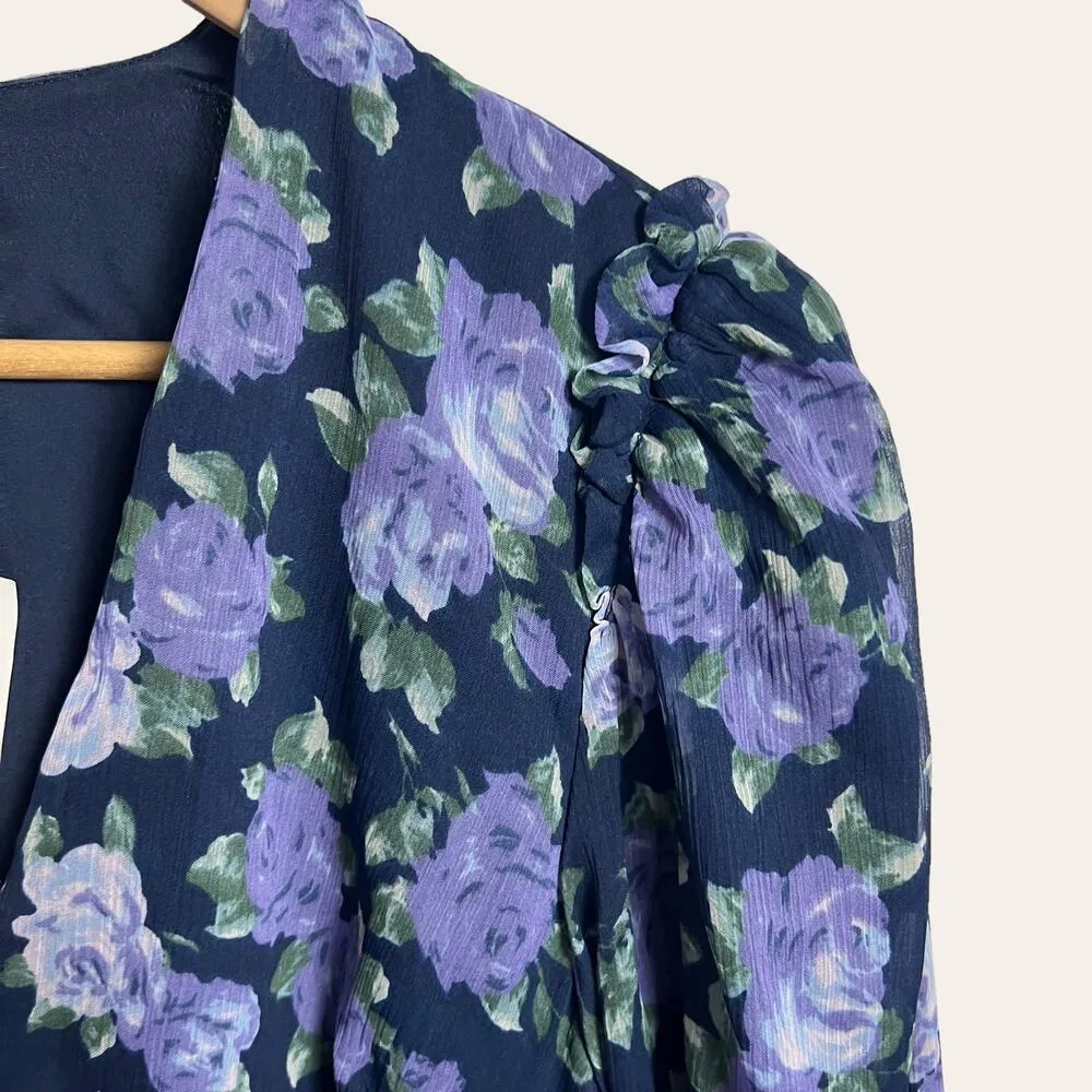 Saylor Merritt Blue Purple Floral Print Puff Long Sleeve Mini Dress Size L New - Image 3