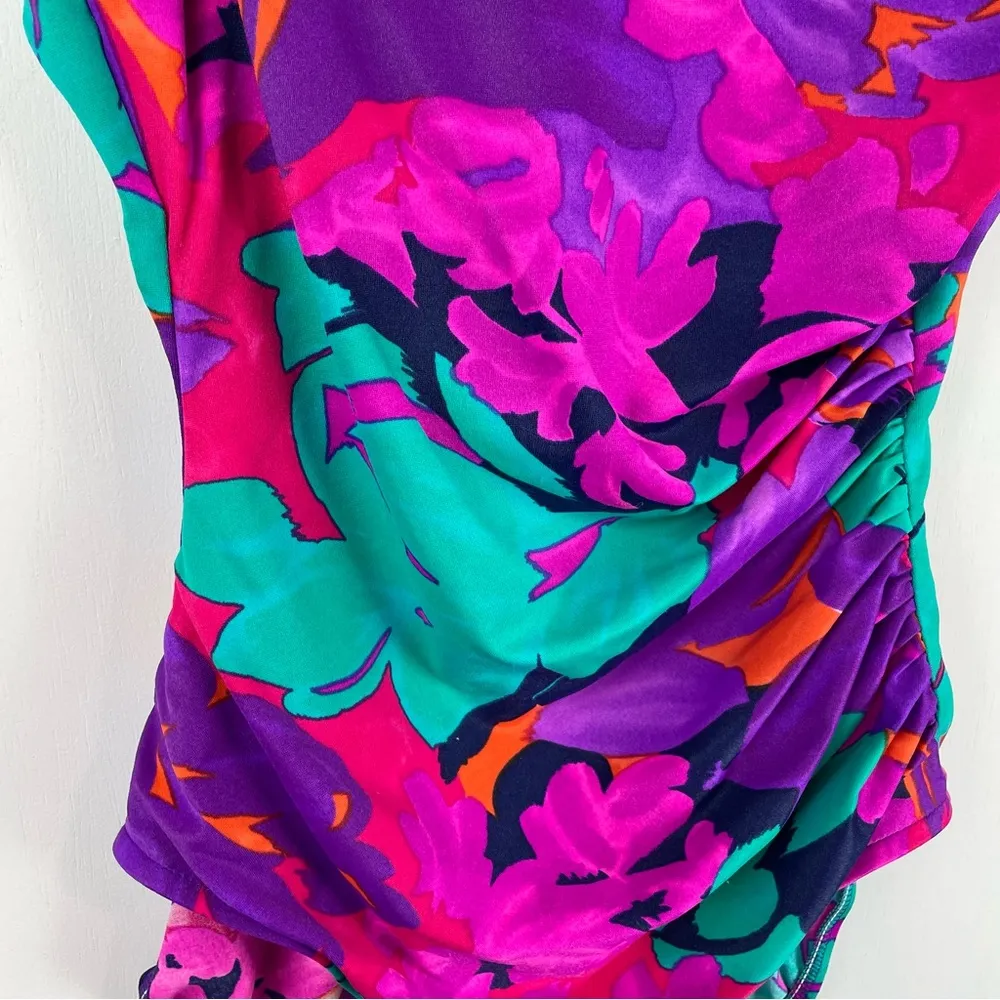 Vtg Y2K Abstract Swim One Piece Sz 16 High Cut Neon Floral Print Ruched Pink - Image 6