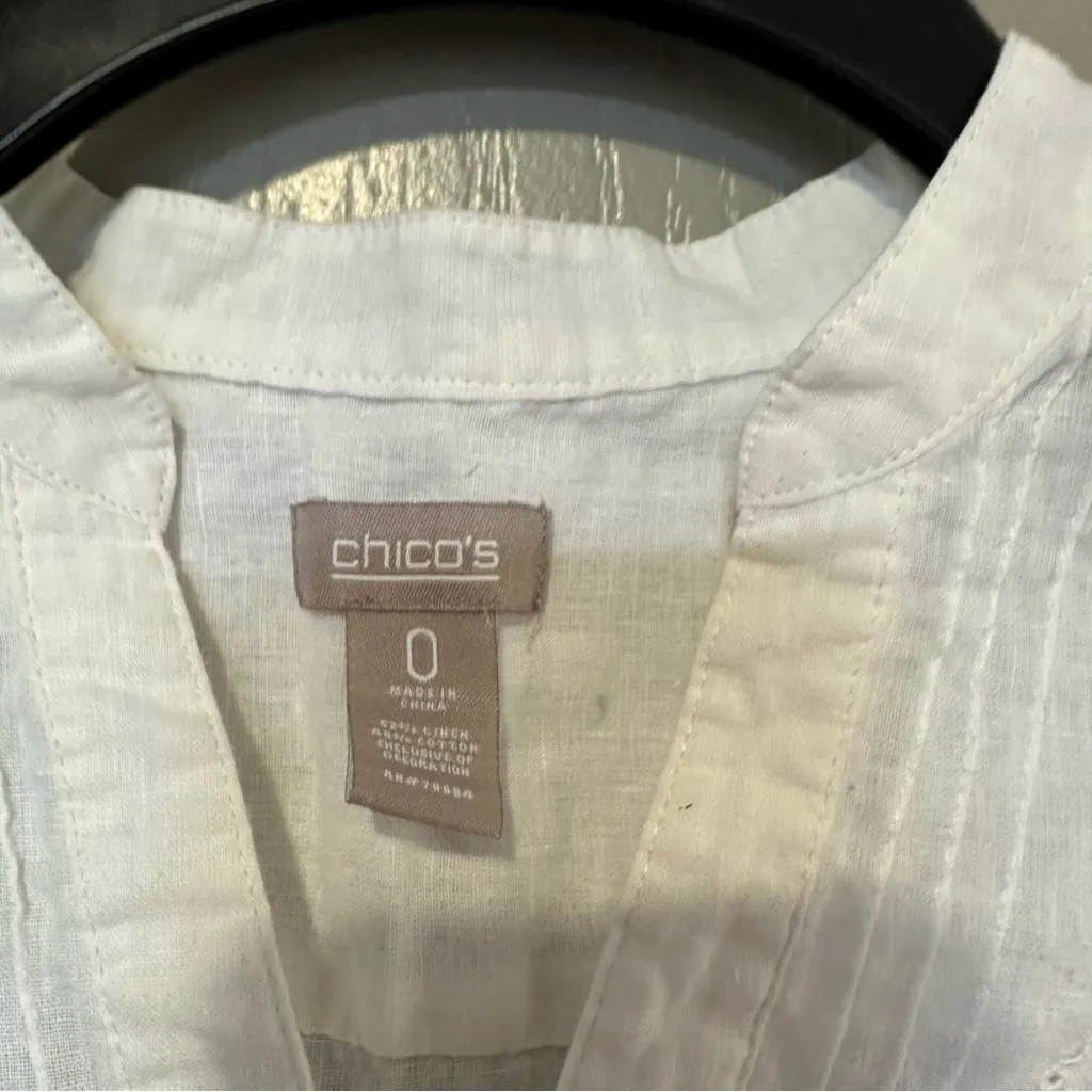 White Button-Up Tunic Top Chicos 0 Women Linen Cotton Quarter Sleeve Blouse - Image 4