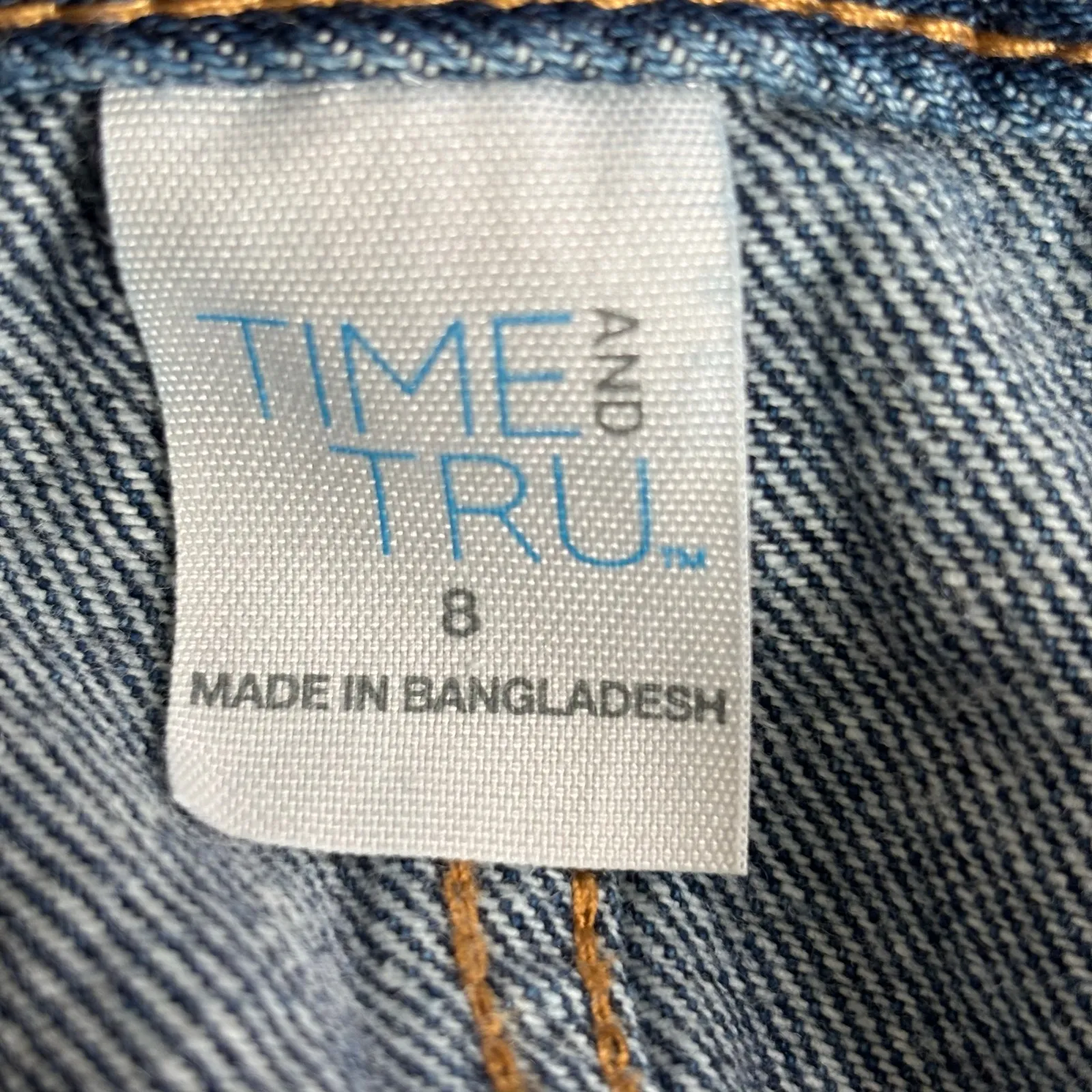 Time and Tru Denim Midi Skirt Size 8 Dark Wash Frayed Hem Patchwork Retro Blue - Image 6