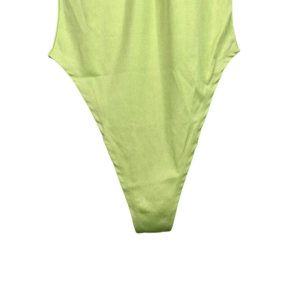 NEW Ruffled Off Shoulder Tie Key Hole Bodysuit Puff Sleeves Snap Crotch S Green - Image 9