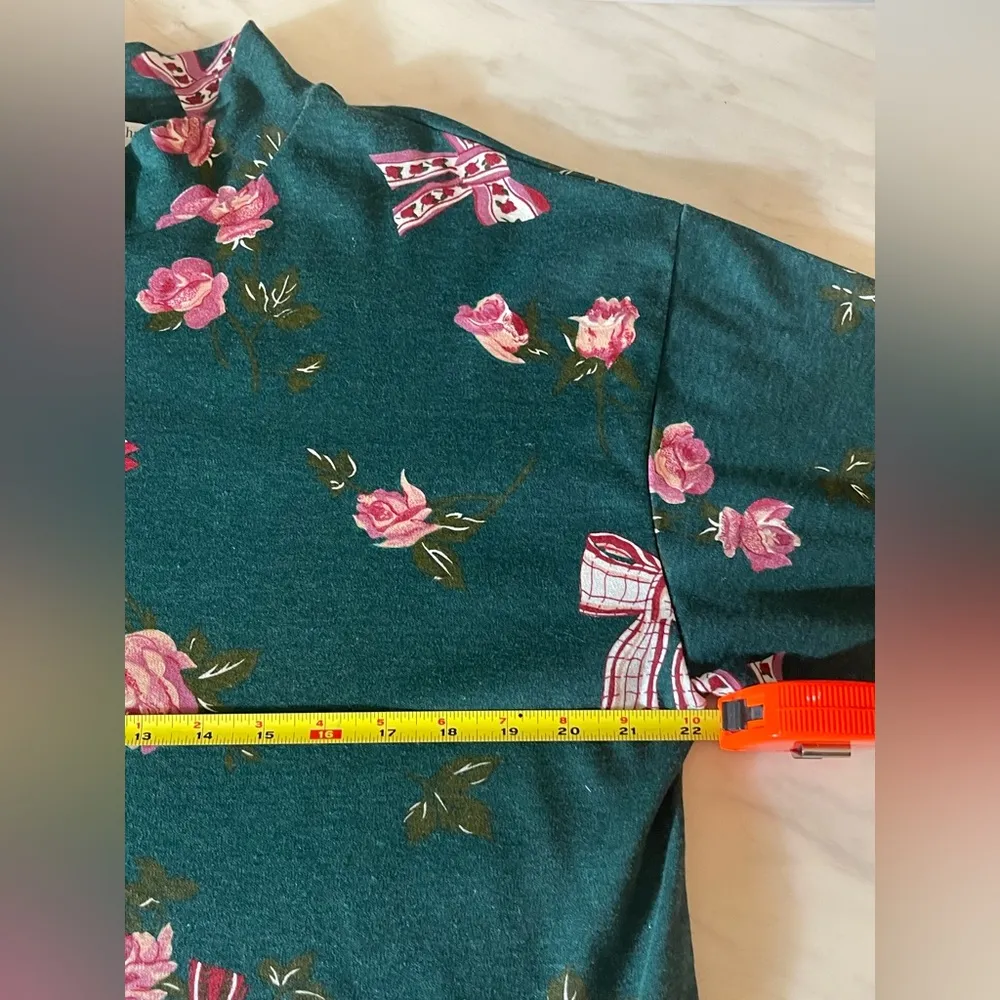 Sweet Longjohns Vintage Floral Bow Print Green Top Size S Mock Neck Pullover - Image 3