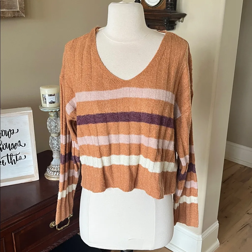 70s Vibe True Craft V-Neck Sweater - Brown and Cream Stripes Cropped New - Image 2