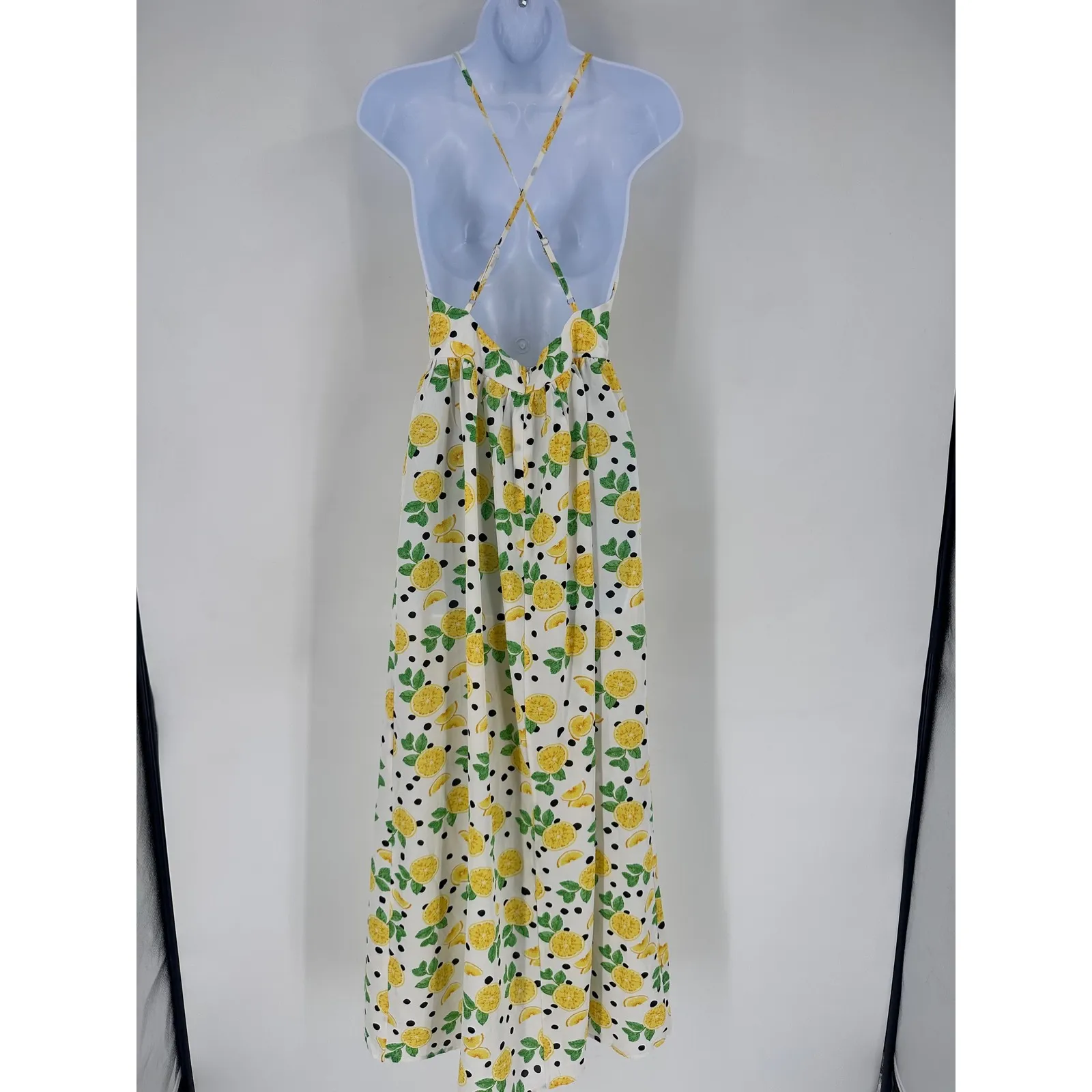 Womens Lemon Print Maxi Dress Halter Neck Size S Slit White Yellow Fun Party - Image 9