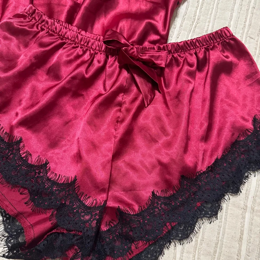Elegant Burgundy Lace Trim Satin Pajama Set - Image 2