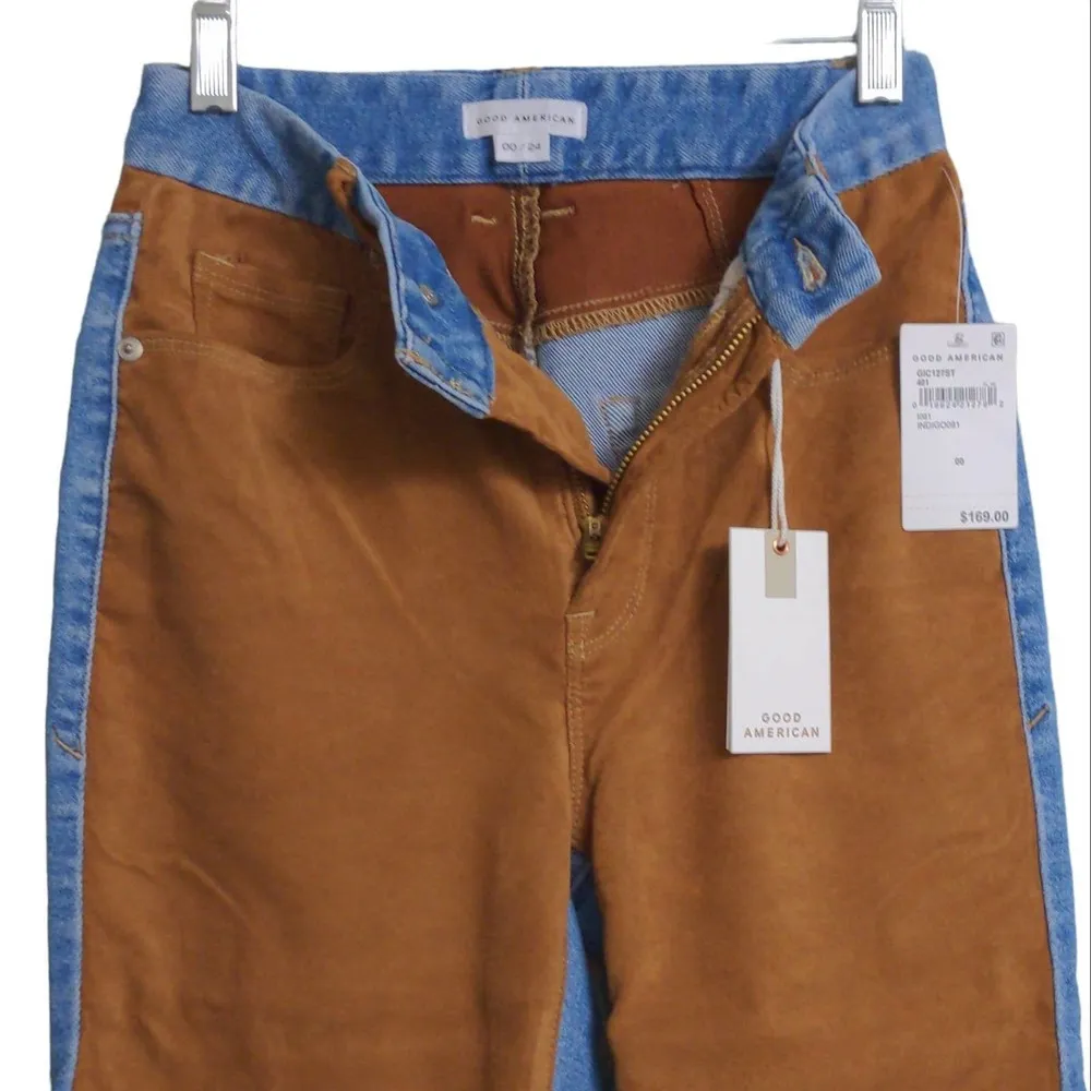 Good American Womens Icon Mixed Media Jeans Blue Brown Denim Faux Suede 00 New - Image 3