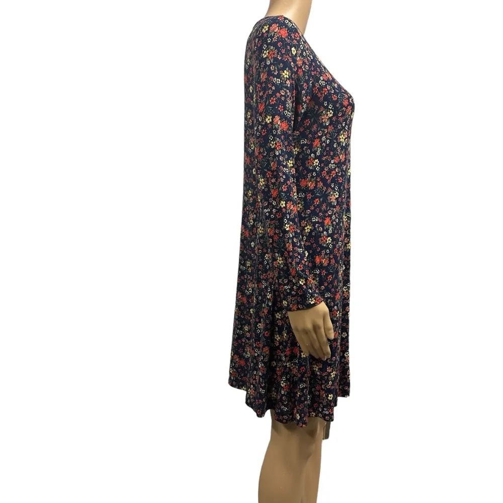 Old Navy Blue Floral Printed Jersey Knit Long Sleeve Swing Dress Womens Small - Image 4