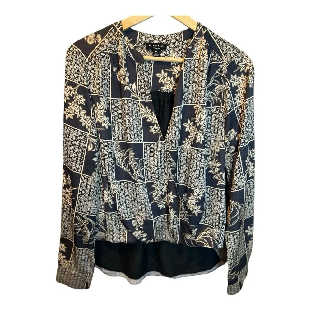 Current Air Anthropologie Black/Taupe Silk Surplus Blouse Medium Mandarin Collar - Image 3