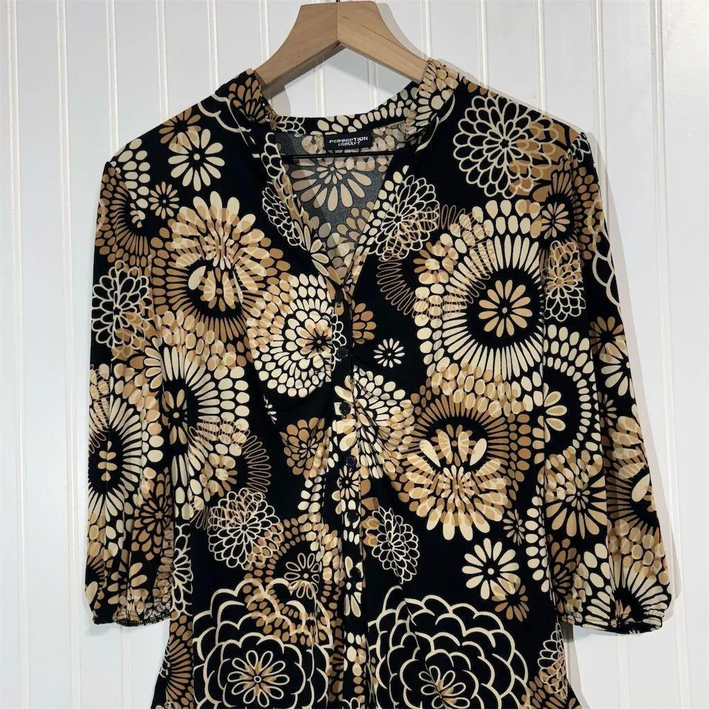 Perseption Concept Blouse M Retro Floral Print Black Tan Button Top Y2K VTG Size M - Image 2