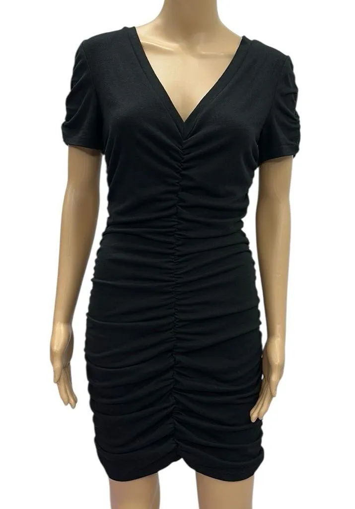 Aooksmery Black V Neck Cami Ruched Short Sleeve Formfit Mini Dress Womens Small - Image 3