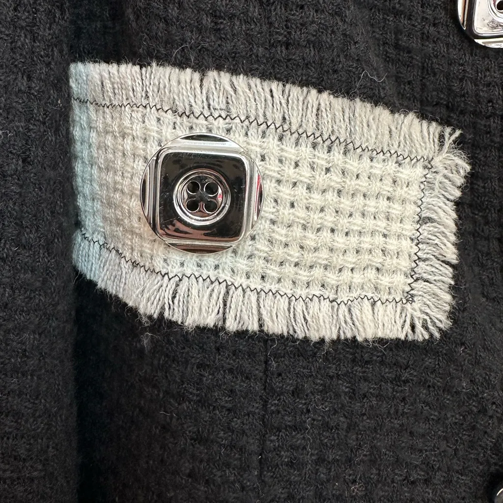 Per Se  Black Wool Double Breasted Jacket with Cream Trim Frayed Size 4 Small S - Image 5