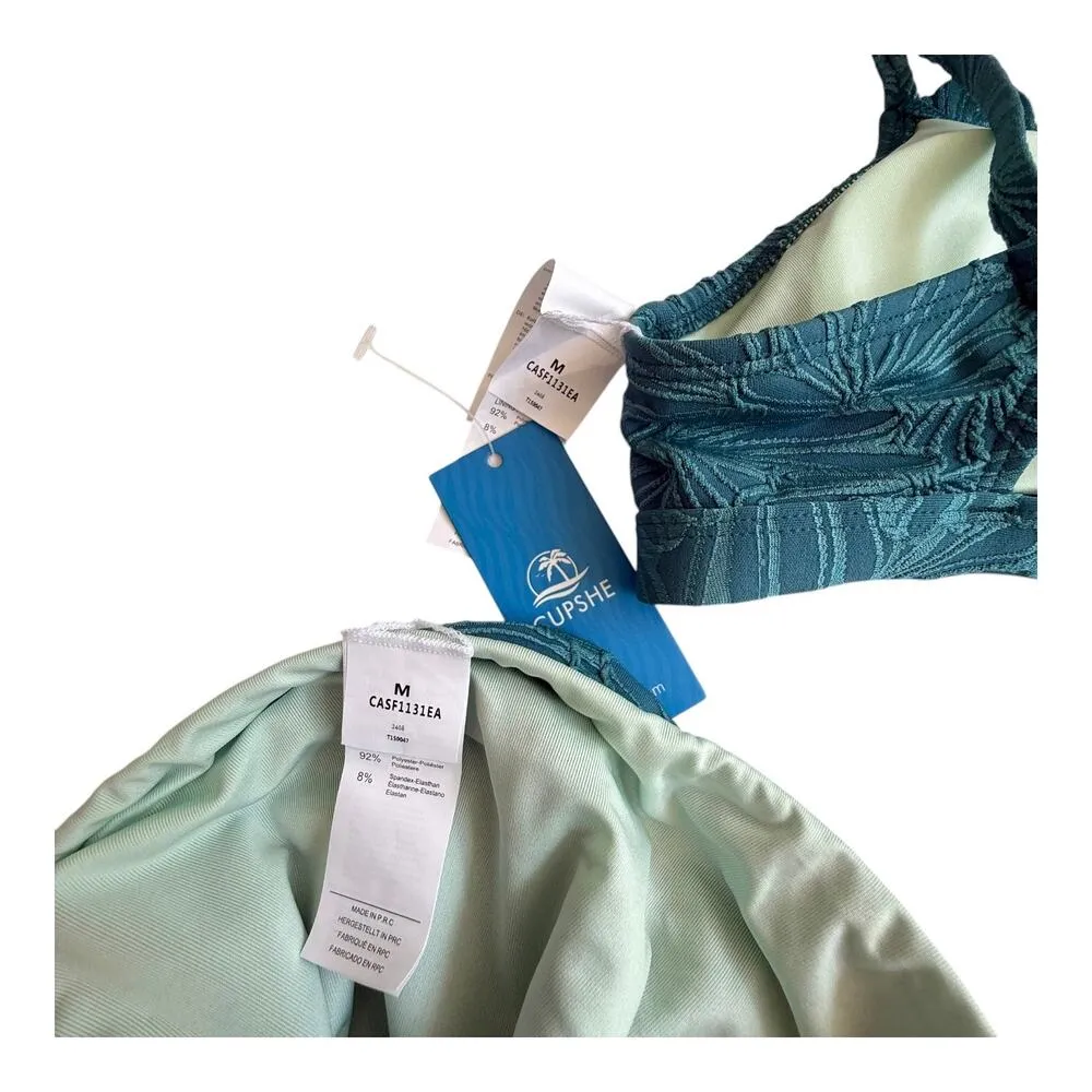 NEW Cupshe SWIMSUIT Women's BIKINI Set MED Scalloped Cross Back High Waist Green - Image 9