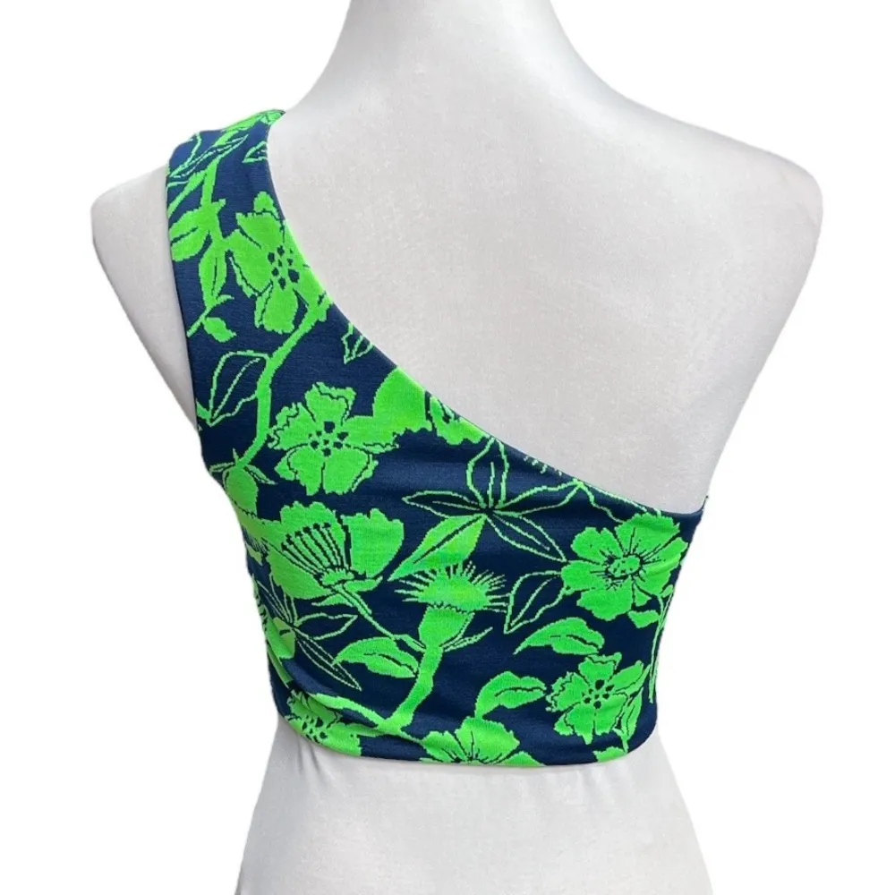 Zara Floral Pattern One Shoulder Crop Top Navy Blue Green Size Medium - Image 2