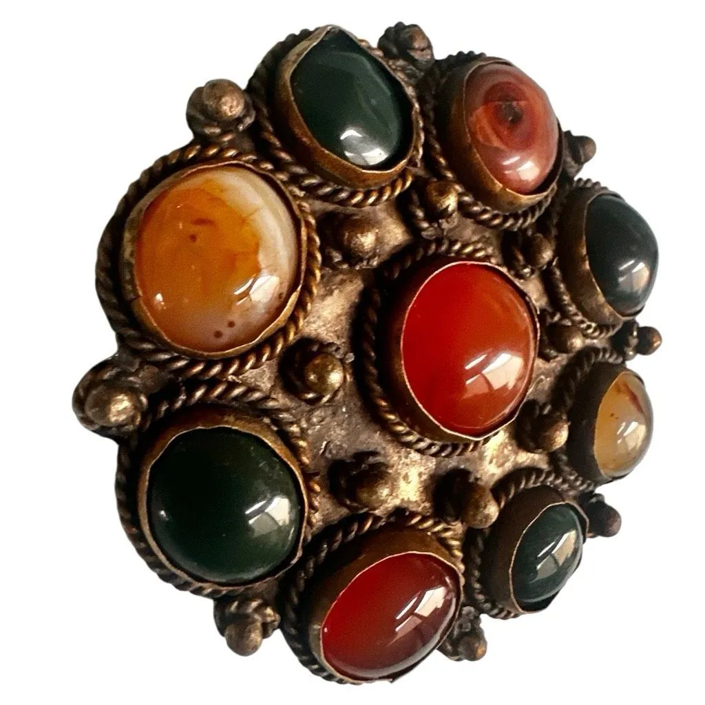 Vintage Tribal Round Cabochon Brooch/Pendant – Carnelian & Agate, Ethnic Design - Image 3