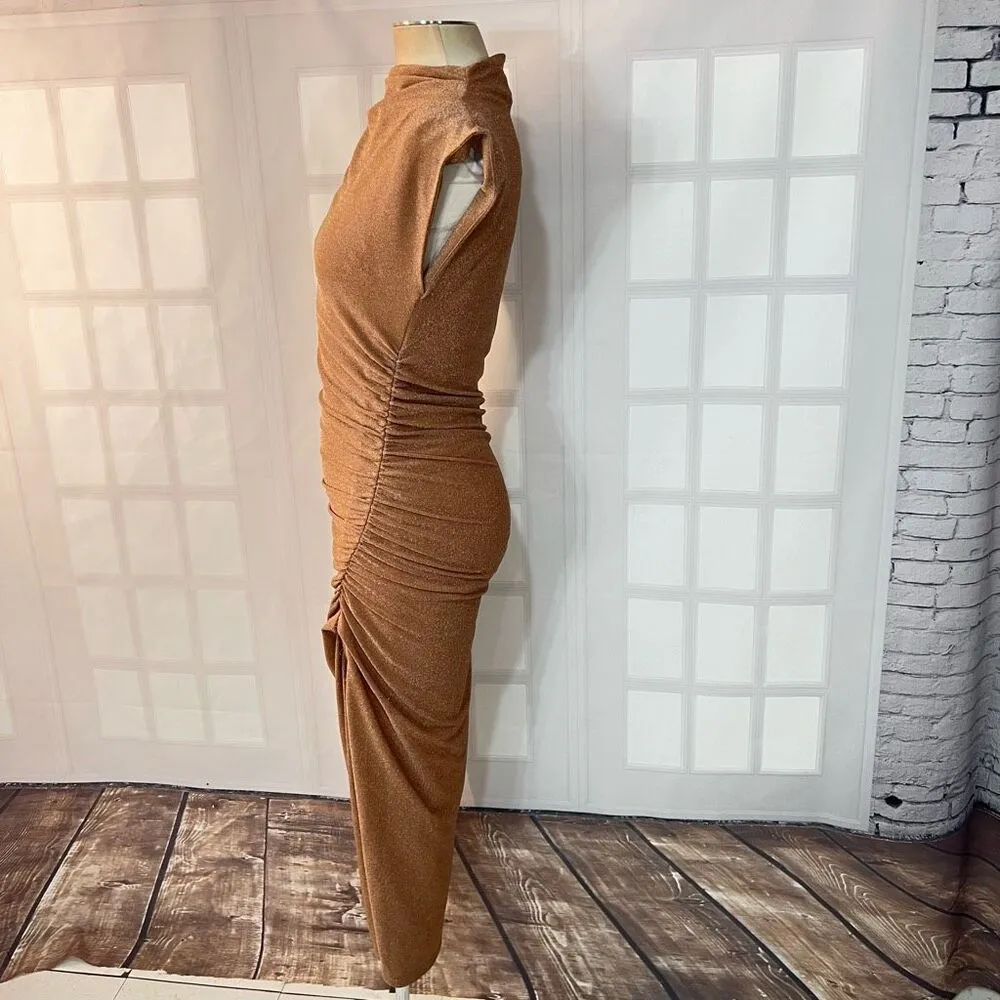 Dress Forum Tan Metallic Glitter High Neck Ruched Slit Bodycon Midi Dress Small - Image 9