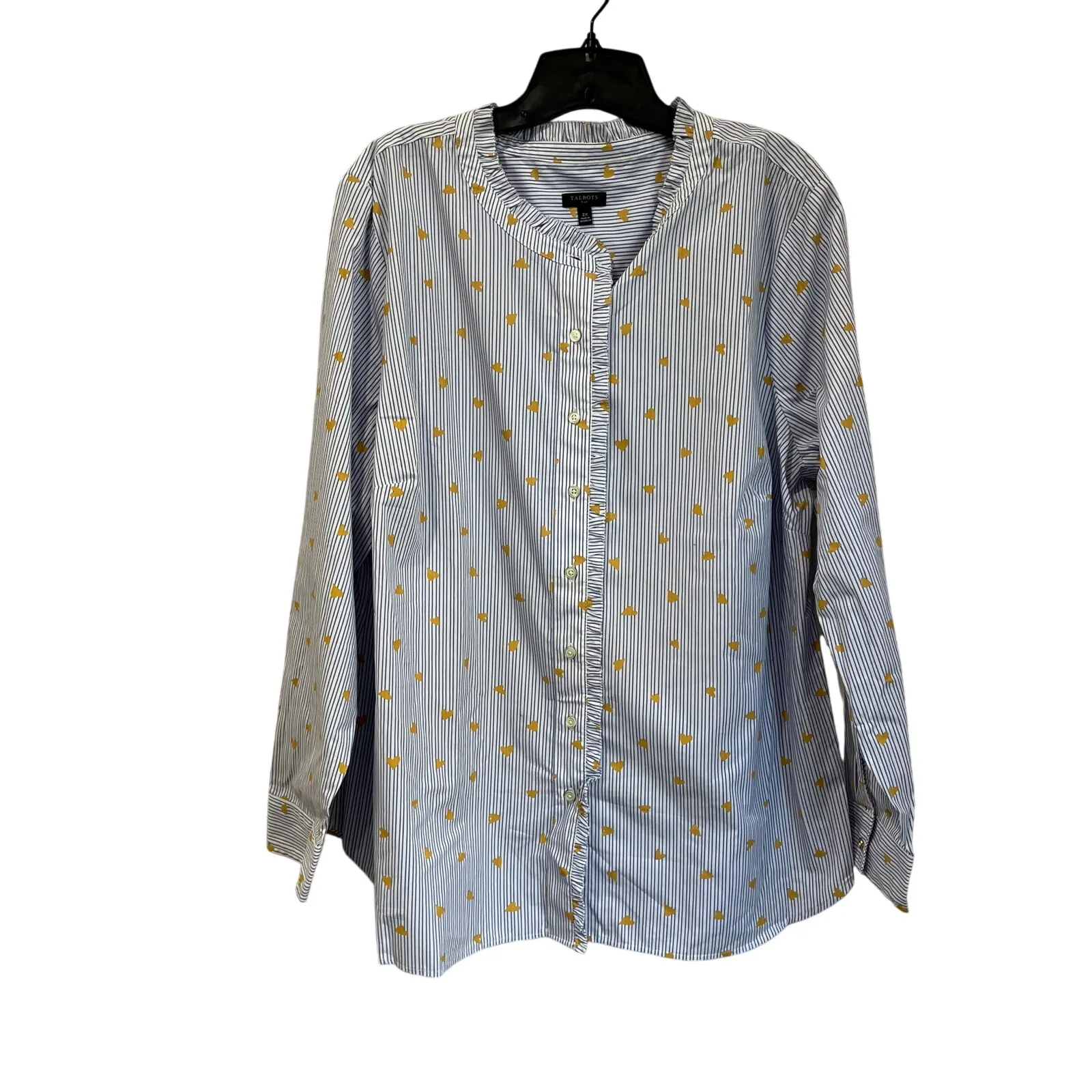 Talbots Plus 2X Blue Stripe Gold Heart 100% Cotton Button Blouse - Image 2