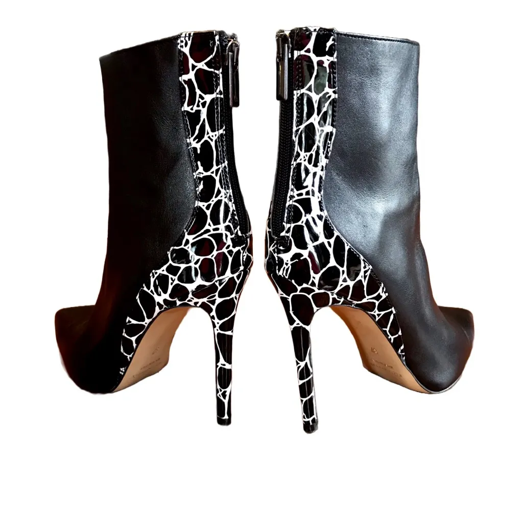 IDENTITA BLACK & WHITE ANIMAL PRINT BACK "CANDICE" STILETTO HEEL BOOTS (37) Size 7 - Image 9
