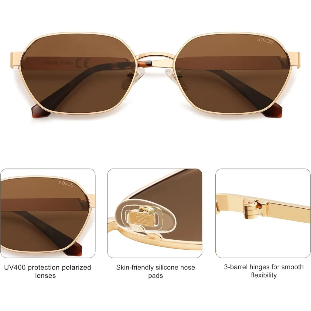 Unisex Gold/Brown Trendy Hexagon Sunglasses for UV400 Retro Rectangle Shades Gold - Image 3