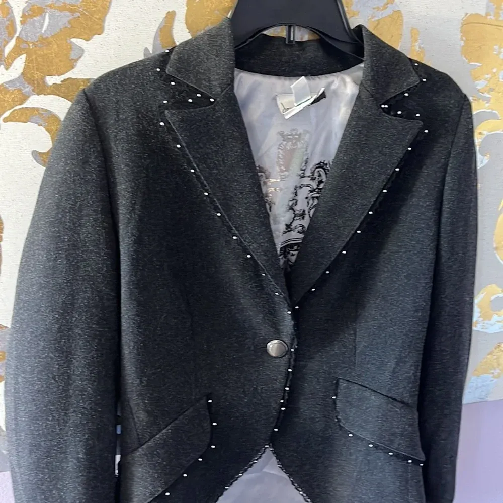 Joseph Ribhoff Size 6 Vintage Charcoal Gray Lace Gem Detail‎ Blazer - Image 2