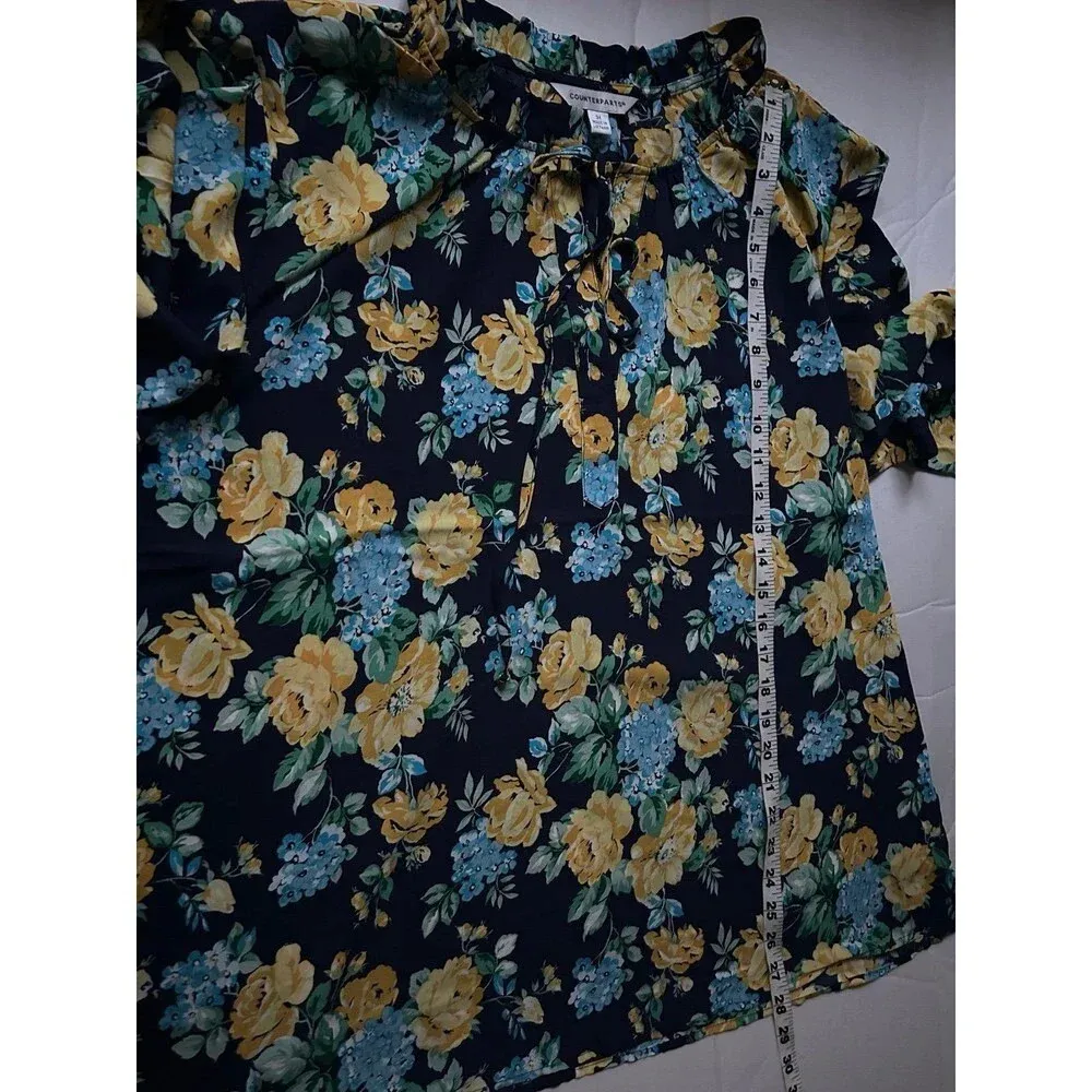 Counterparts Blue Yellow Floral Front Tie Blouse Size 3X - Image 9