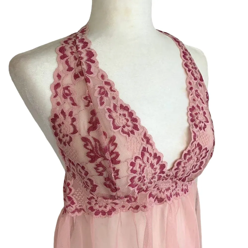 Victoria's Secret Babydoll Night Dress Women's L Pink Deep V Mesh Floral Lace - Image 2