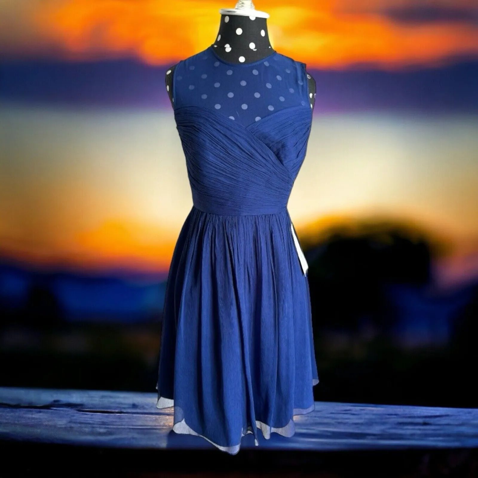 J Crew Womens Dress Sz 2‎ Clara 100% Silk Sheer Chiffon Neckline NEW Navy Blue - Image 3