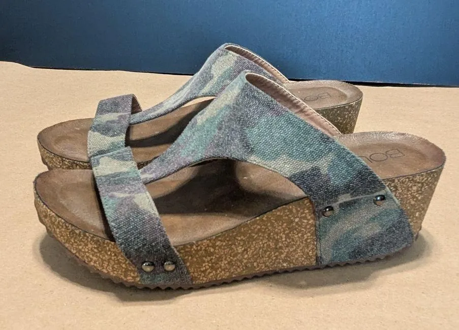 Boutique by Corkys Lilo Canvas Camo Wedge Cork Sandals Peep Toe Twee Summer Boho Green Size 7 - Image 4