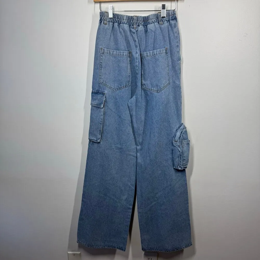 Blue Blush Jeans Women S Blue Cargo Wide Leg Stretch Waist Pocket Baggy Denim 90 - Image 2