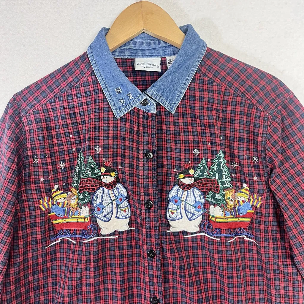 Vintage BOBBIE BROOKS Shirt Red Plaid Snow Man Sledding 14/16W Button Up 90s Size 14W - Image 3