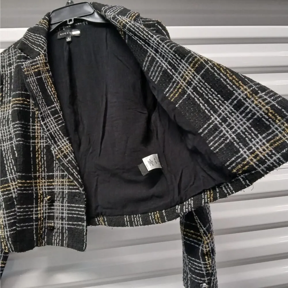 Slate & Willow Classic Plaid Tweed Blazer Womens Small Black Cropped Jacket - Image 5