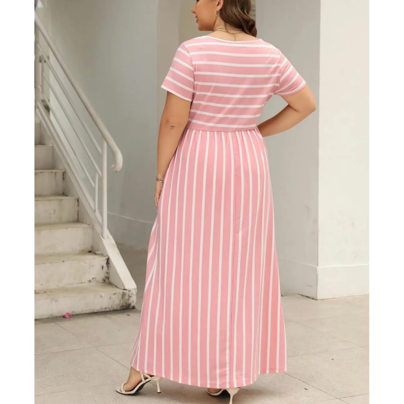 SHEIN Size XL Striped Maxi Dress Pockets Short Sleeve‎ Casual NWOT Flowy Beach # - Image 2