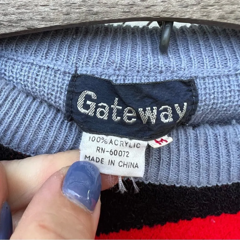 Vintage 89s gray black red color block knit crewneck sweater MEDIUM - Image 6